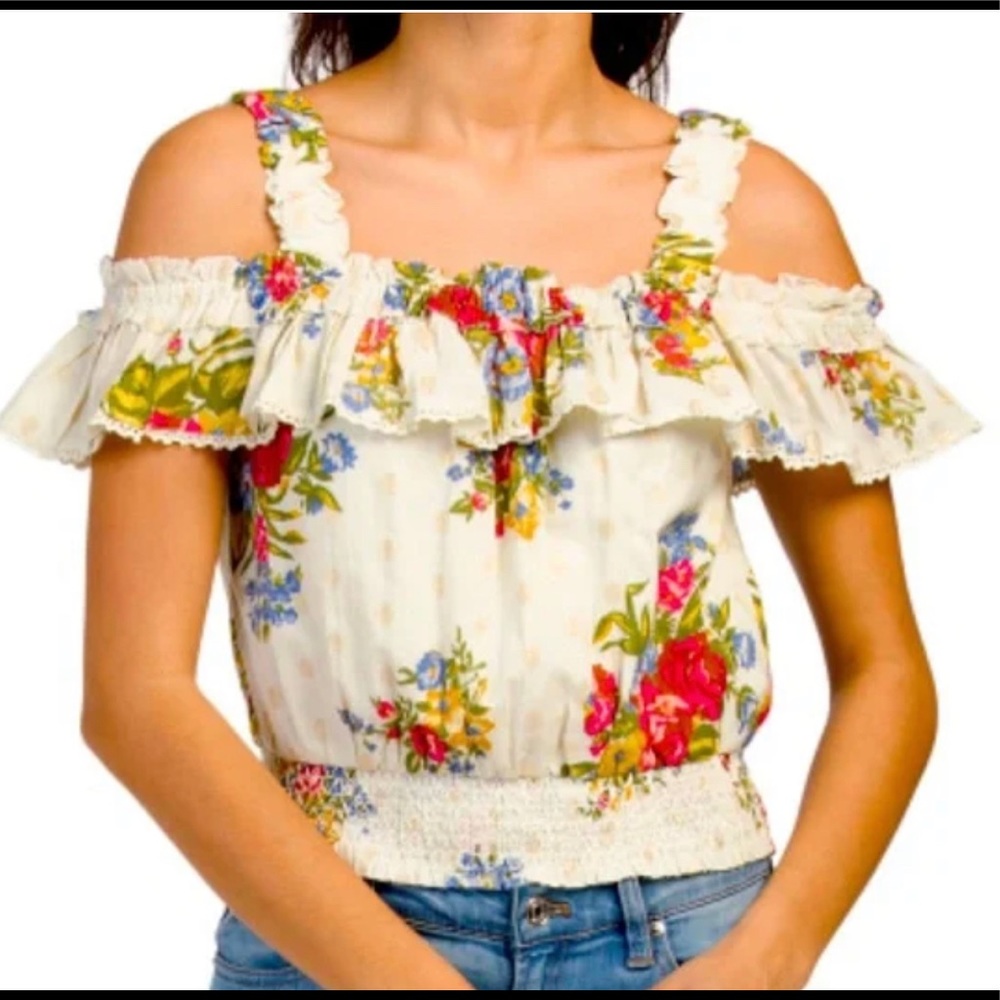 House Of Harlow Helena Ivory Floral‎ Ruffled Top With Gold Metallic